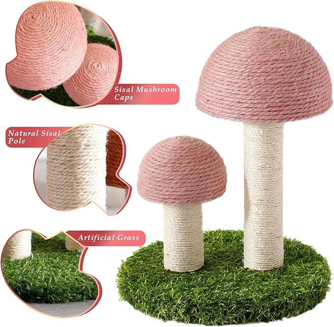 Cat Scratching Post - Mushroom Cat Scratcher Featuring with Natural Sisal Caps Scratch Pole and Sturdy Base for Kittens & Small Cats - Pink