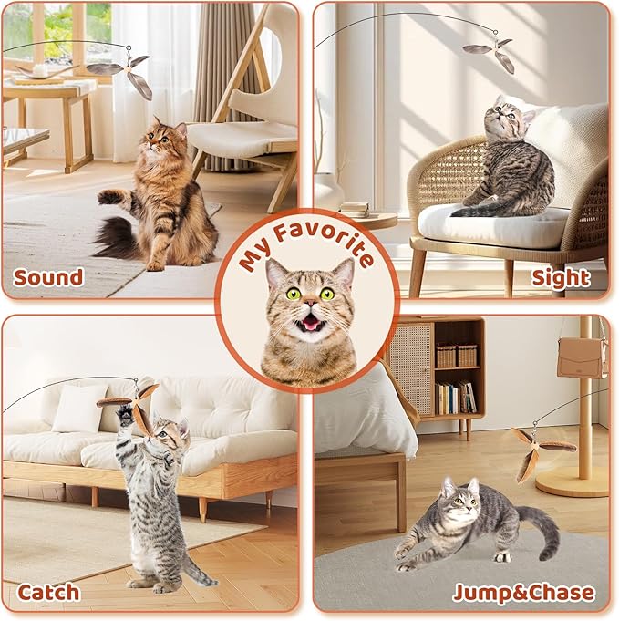 Cat Wand Toys, Interactive Cat Toys, 3 Nature Feather Refills, 35” Flexible Steel Wire, Sturdy Wood Handle and Bell, Cat Teaser Cat String Toy for Indoor Cats Kitten to Play Chase Exercise