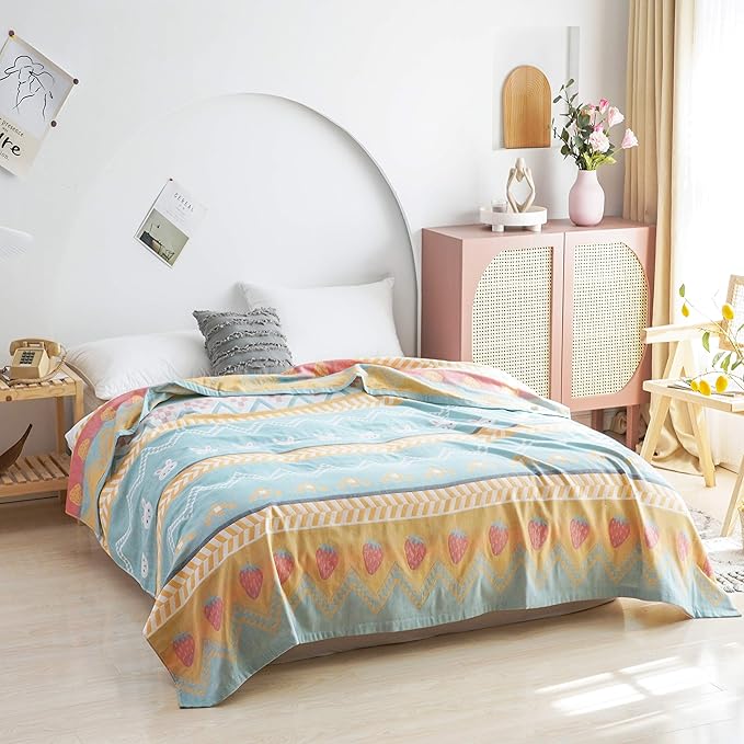 MEJU Boho Bunny Rabbit Green Muslin Lightweight Summer Strawberry Blanket Throw for Bed Sofa Couch 100& Cotton 2 Layer Soft Warm Quick Dry Throw Blanket Bedspread Bed Coverlet Sheet Twin 60 in X 80 in