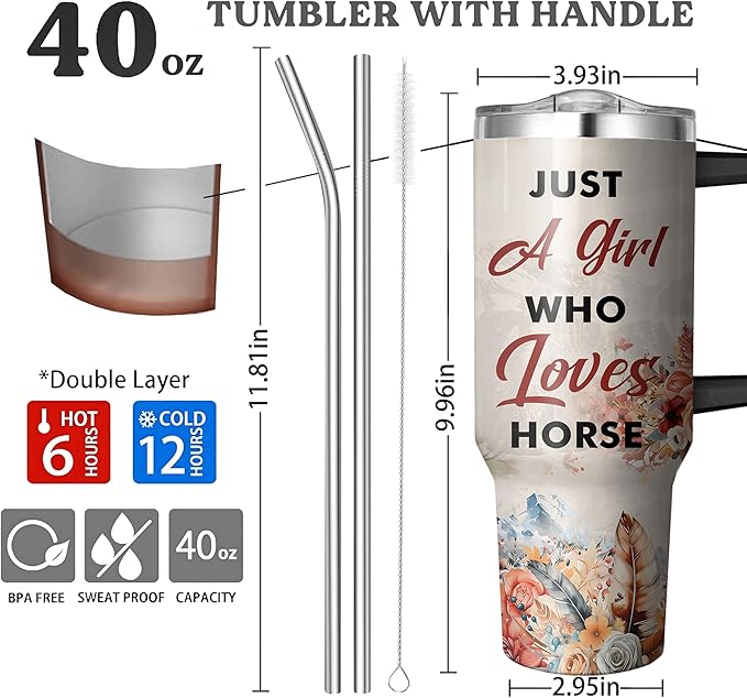 40 Oz Horse Tumbler with Straw and Handle, Double Wall Stainless Steel Horse Mugs for Horse Lovers, Horse Gifts for Women Insulated Horse Cups, 40 Oz Horse Coffee Cup Gifts for Horse Lovers Women