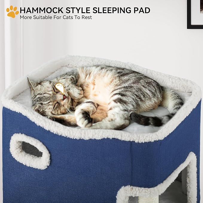 YITAHOME 2-Tier Cat House, Indoor Cat Cave Bed Playhouse, Cat Tunnels with Scratch Pad and Hideaway Cube, Cute Modern Cat Condo Furniture for Multi Small Cats, Classic (Blue)