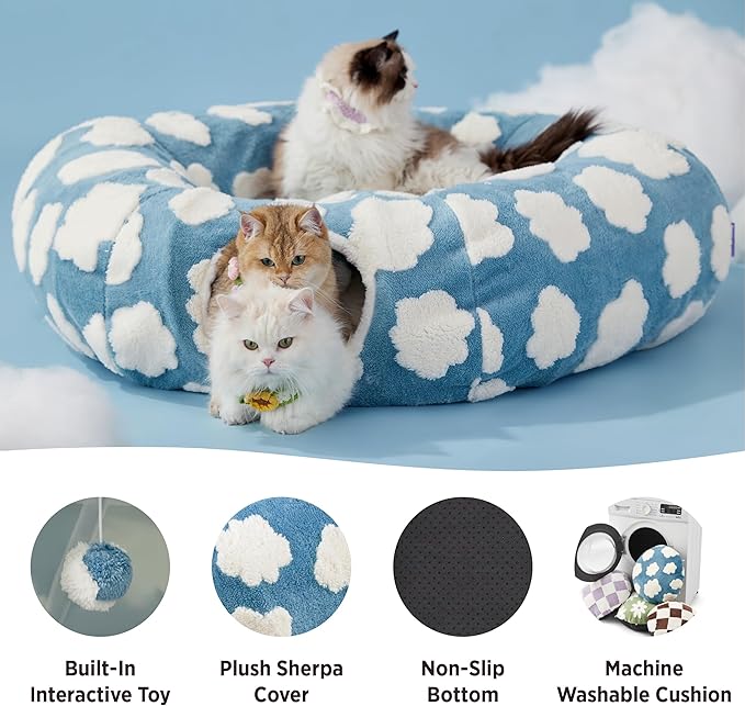 Lesure Large Cat Tunnel Bed for Indoor Cats - Cute Cat Donut Tunnel with Washable Circle Cushion, Round Pet Play Tunnel Toy for Kitten/Puppy/Rabbit,Blue