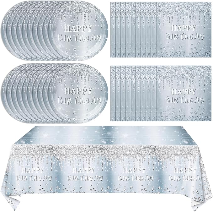 41 Pieces Silver Glitter Tableware Set, Happy Birthday Table Decorations Glitter Diamonds Silver Birthday Theme Dessert Plates Napkins Tablecloth for 20 Guests Silver Glitter Birthday Party Supplies