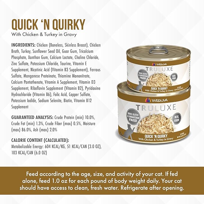 Weruva Truluxe Cat Food, Quick 'N Quirky with Chicken & Turkey in Gravy, 3Oz Can (Pack of 24)