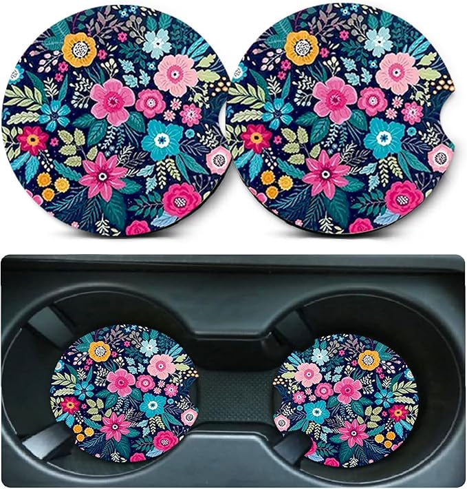 Car Coasters for Cup Holders,2 Pack Floral Car Coasters,2.75" Universal Size Anti Slip Rubber Mat,Automotive Cup Holder Decal Decor Accessories,Rubber Car Cup Mat for Women,Men,Mom