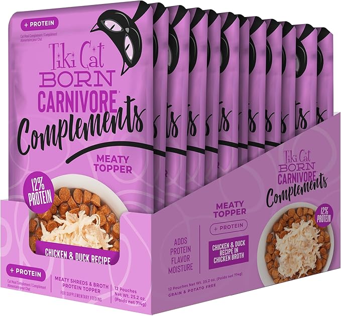 Tiki Cat Born Carnivore Complements Wet Cat Food Topper, Chicken & Duck 2.1 oz. Pouch (12 Count)