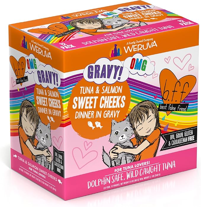 Weruva B.F.F. OMG - Best Feline Friend Oh My Gravy!, Tuna & Salmon Sweet Cheeks with Tuna & Salmon in Gravy Cat Food, 3oz Pouch (Pack of 12)