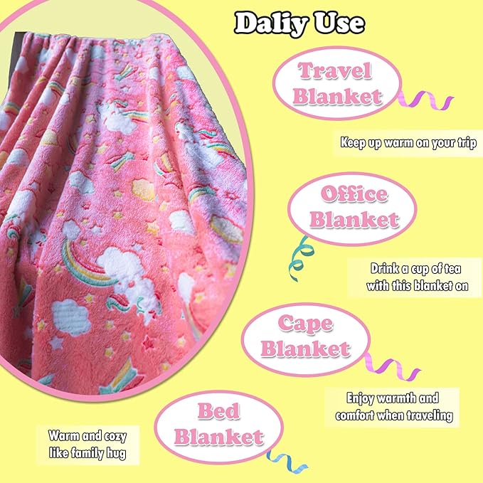 Best Gift Glow in The Dark Rainbow Throw Blanket with Storage Bag, Soft Throw Blanket for Girls Boys, Gifts for Birthday Christmas Valentines, Kids Blanket, Girls Blanket Home Travel Use, 60x50 Red