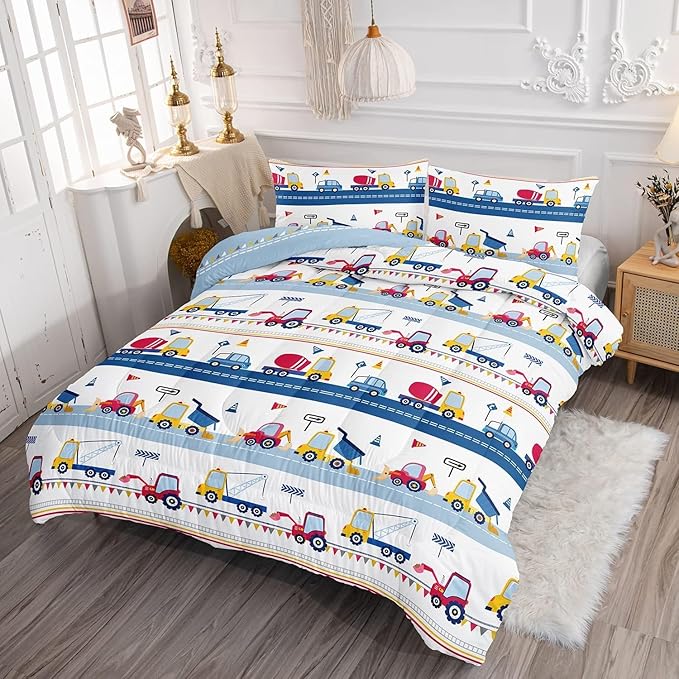 Cartoon Car Kids Comforter Set Twin,Construction Bedding Set Equipment Trucks Comforter Excavator Tractor Quilt Set with 1 Comforter 2 Pillowcases for Boys Girls Teens Adults Bedroom Decor(Blue Red)