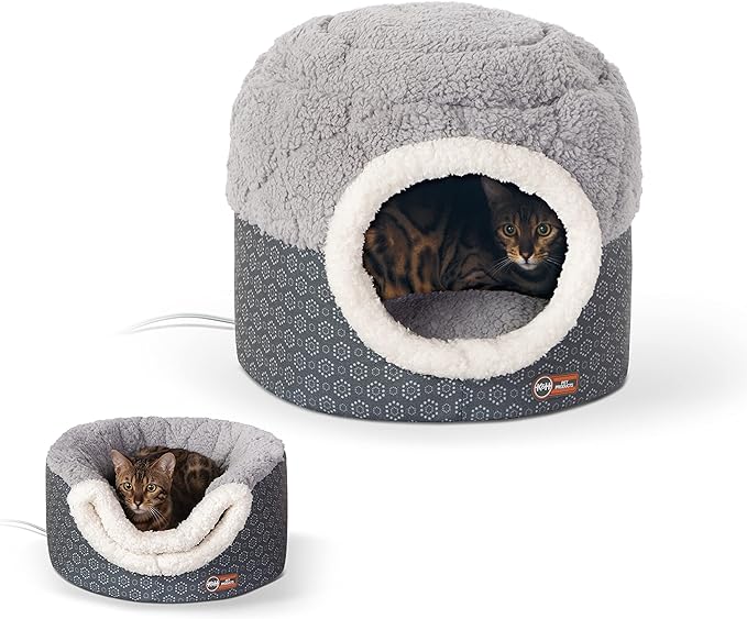 K&H Pet Products Thermo-Pet Nest Heated Cat Bed for Indoor Cats & Kittens, 2-in-1 Heated Cat Cave & Cuddler, Gray, Small 18 X 15 Inches