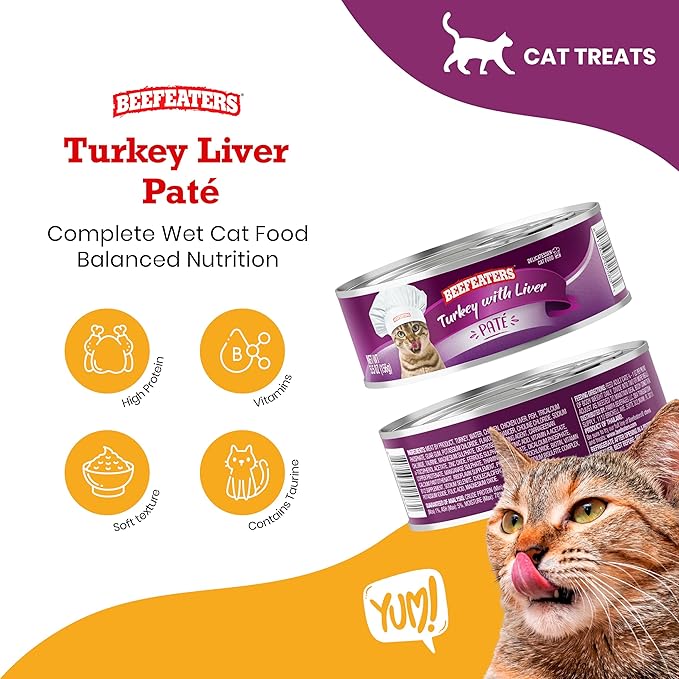 Beefeaters Cat Treats - Turkey Liver Pate 5.5oz, Case of 24 | Premium Wet Cat Food, Essential Vitamins & Taurine | No Artificial Additives, Supports Immune System & Vision | Training Treats