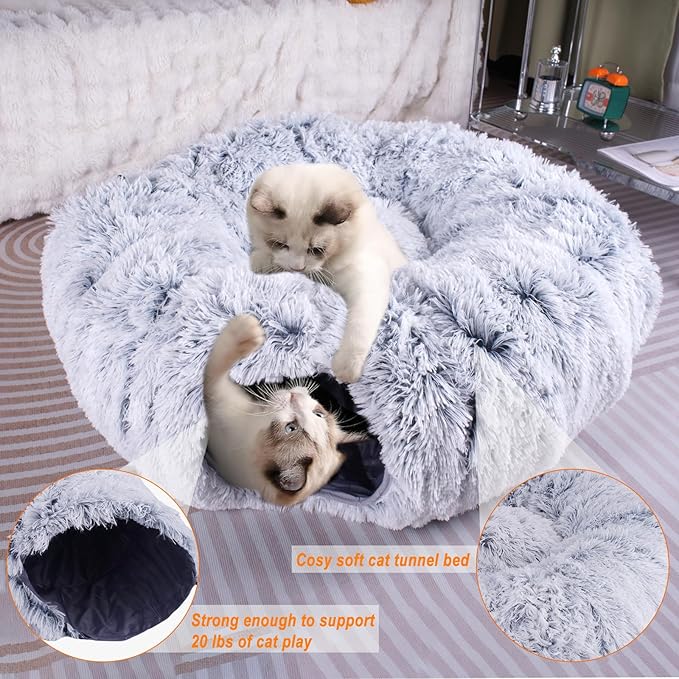 Cat Tunnel Bed for Indoor Cats，Large cat Donut Tunnel 3 Forms Peekaboo cat cave with Washable Cushion Multifunctional Cat Toys for Cats Rabbit,Cat Bed + Cat Tunnel+Cat Toys (Cat Tunnel Bed no Plush)