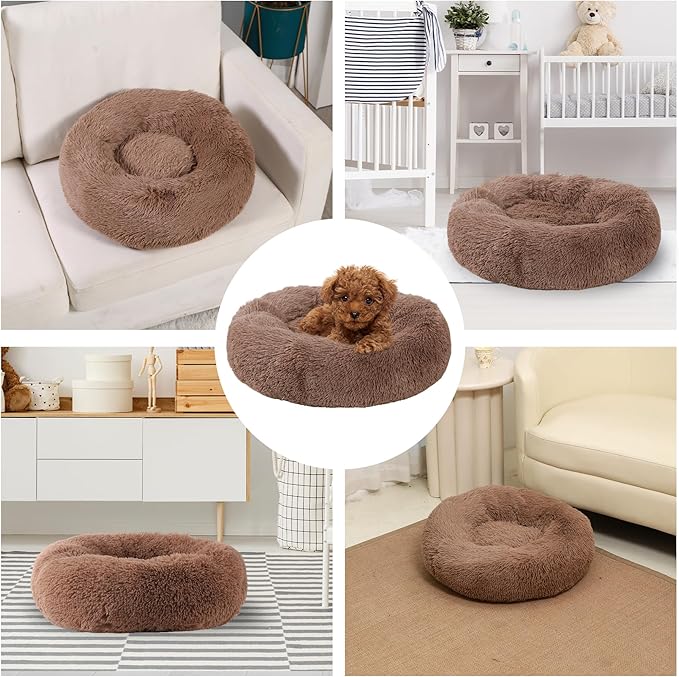 Calming Dog Bed, Dog Beds Fits up to 5 lbs Pets, Fluffy Donut Dog & Cat Bed Washable, Round Anti Anxiety Dog Bed, Small Dog Bed with Non-Slip Bottom (Khaki, 17" x 17")
