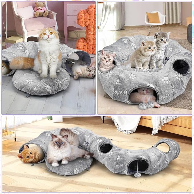 Cat Tunnel Bed, Cat Tunnels for Indoor Cats, Cat Donut Tunnel Toys, Cat Tubes and Tunnels, Self-Luminous Collapsible Tunnels with Plush Cover