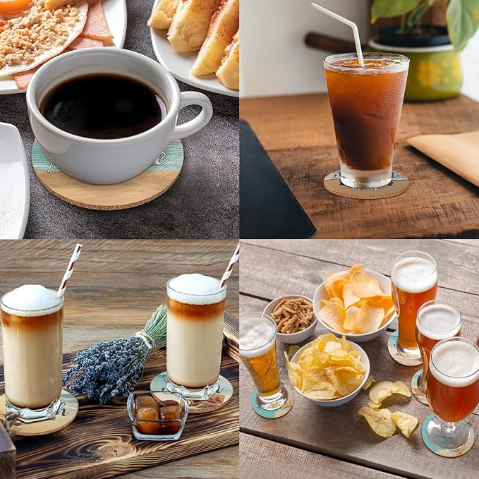 Beach Coastal & Ocean Sea Tropical Theme Cork Coasters for Drinks, Kitchen Decor and Gifts for Beach House and Home Beach Bar-Coasters for Wooden Table-Set of 6 with Holder