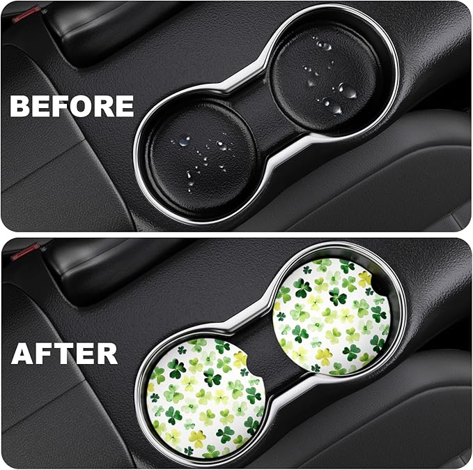 2 Pack Car Cup Holder Coaster, 2.63 inch Anti Slip Insert Absorbent Ceramic Car Coaster with Cork Base and Finger Notch, Cute Car Accessories Interior for Women, Cute Car Coasters., Clover