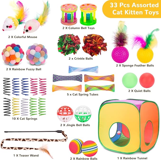 Retro Shaw Cat Toys for Large Cats 33 PCS, Interactive Cat Kitten Toys for Indoor Cats Kitty with Collapsible Cat Play Tunnel Tube Tent Cat Feather Wand Teaser Cat Bell Fuzzy Ball Springs Mouse Toys