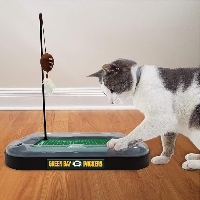 Cat Toy Pets First NFL GREEN BAY PACKERS FOOTBALL FIELD CAT SCRATCHER TOY with CATNIP Filled Plush FOOTBALL Toy&Feather Cat Toy hanging. + A Jingle Bell INTERACTIVE BALL Cat Chasing 5-in-1 KITTY Toy