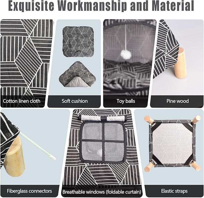 Pozico 2 in 1 Cat Bed Tent Wooden Frame Cat Teepee Cat Hammock, Quick Assembly and Disassembly, Portable Indoor/Outdoor Pet Dog Tent House for Cats Puppies Small Animals:Black Diamond Tent