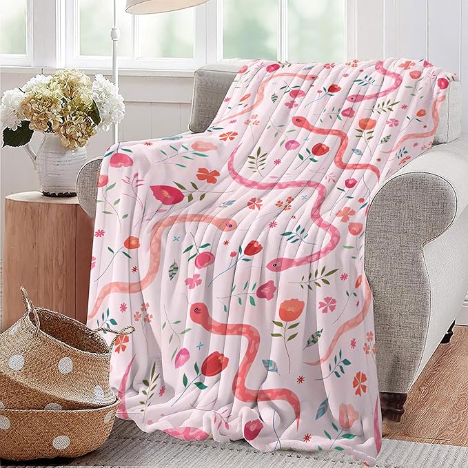 Cute Snake Reptile Blanket Ultra Soft Cozy Pink Flower Snake Throw Blanket Fleece Fuzzy Plush Bedding Blanket Real Snake Lovers Gifts for Women Girls Kids Adults Couch Sofa 60"x50"