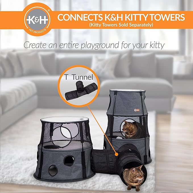 K&H Pet Products Cat Tunnel Tube Toys 3 Way Collapsible, Interactive Play Tube with Peek Hole for Indoor Cats, Kittens, Puppies, Rabbits; Compatible with K&H Cat Towers - Black 33" x 20" x 9"