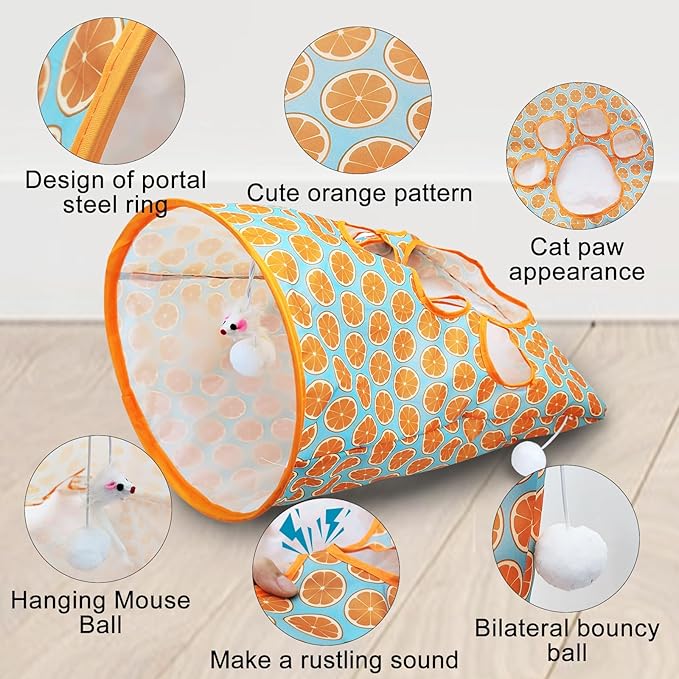 Andiker Cat Tunnel Bags for Indoor Cats, 13x17x12In Foldable Cat Crinkle Bag with 3 White Plush Balls and 1 Mouse 5 Holes for Kitten to Hide and Catch 3 Layers Cat Toy (Orange)