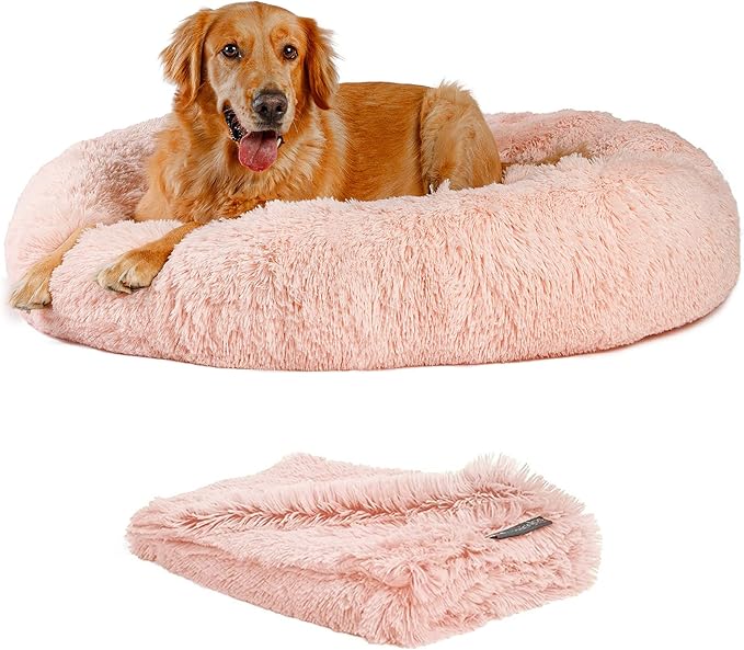 Best Friends by Sheri Bundle Set The Original Calming Shag Donut Cuddler Cat and Dog Bed + Pet Throw Blanket Cotton Candy Pink Extra Large 45" x 45"