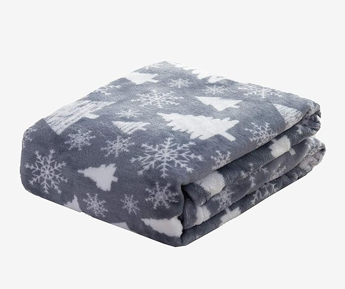 Elegant Comfort Velvet Touch Ultra Plush Christmas Holiday Printed Fleece Throw/Blanket-50 x 60inch, (Gray Christmas Tree)
