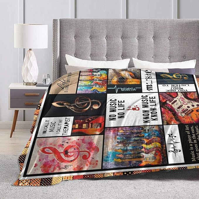 Retro Guitar Blanket for Woman Musical Instrument Guitar Throw Blanket Music Notes Decor Stuff Merch Cozy Fuzzy Warm Soft Plush Flannel Lightweight Bedding Guitar Gifts for Girls Kids Couchs 50"X40"