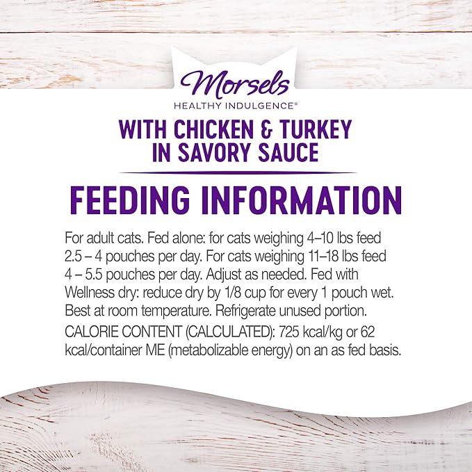 Wellness Healthy Indulgence Morsels Grain-Free Wet Cat Food, Made with Natural Ingredients, Quality Proteins, Complete and Balanced Meal, 3 Oz Pouches (Chicken & Turkey, 24 Pack)