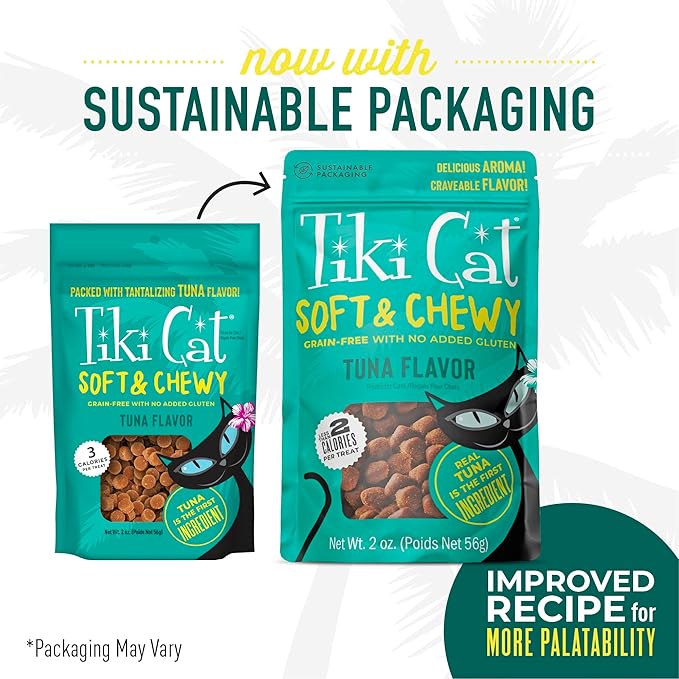 Tiki Cat Soft & Chewy Treats, Tuna Flavor, 3 Calories Per Treat with Grain-Free and No Added Gluten, 2 oz Pouch