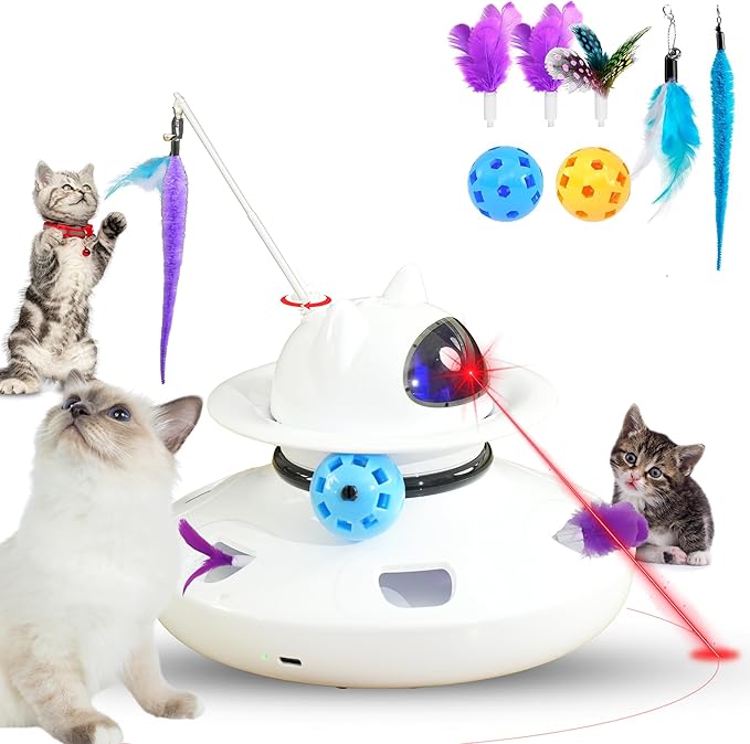 4-in-1 Interactive Cat Toy for Indoor Cats, 2024 Upgrade Automatic Cat Toy with Cat Feather Toys, Cat Teaser Toys, and Cat Ball Toy