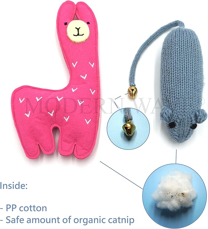 MODERN WAVE - Catnip Handmade Kittens Cats Toys Collection in Gift 4-Pack Box (Felted Fish, Lama, Knitted Mouse with Bell, Cat Heart Teaser)