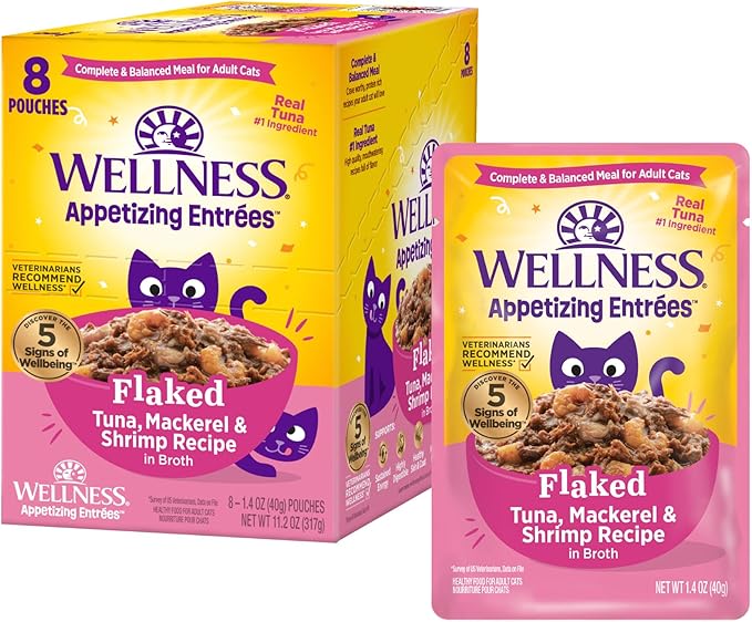 Wellness® Appetizing Entrées™ Flaked Tuna, Mackerel, Shrimp Recipe in Broth Natural Wet Cat Food, 1.4 oz Pouch (Pack of 8)