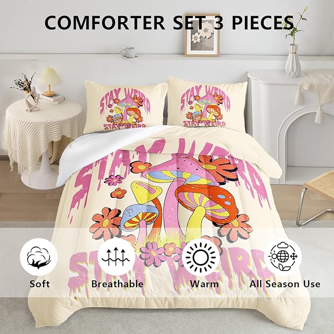 Axolotl Cartoon Mushroom Comforter Set Queen,Colorful Mushrooms Bedding Girls Bedding Set,Floral Comforter Set Red Pink Flower,Cute Mushroom Bedding Set For Kids Boys Girls Teens,1 Quilt 2 Pillowcases