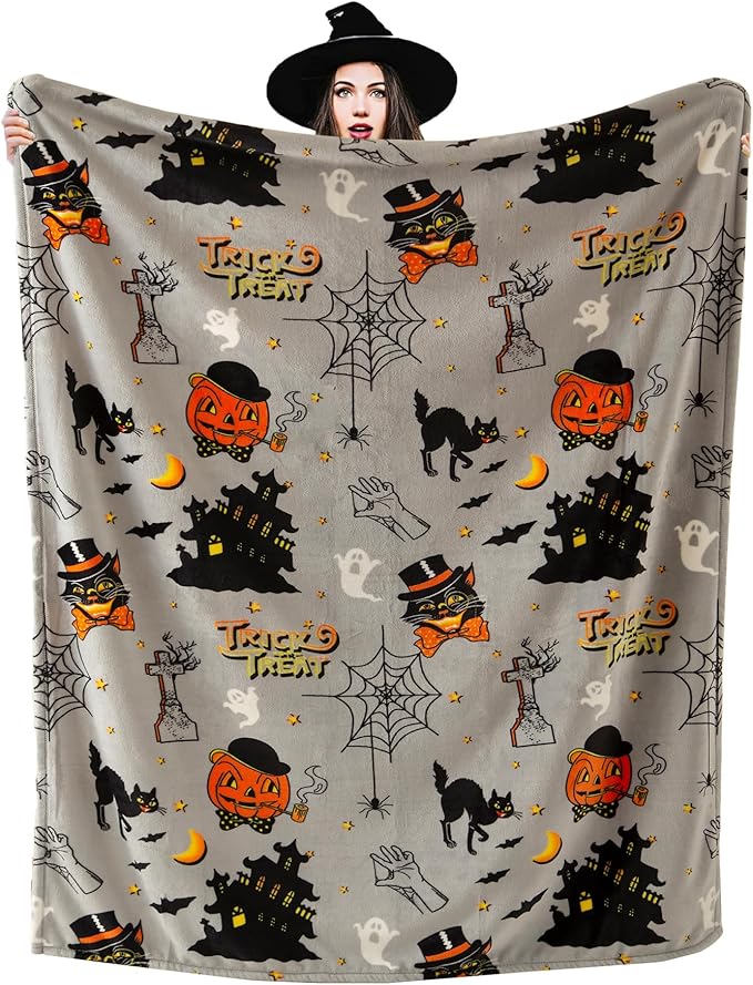 Pumpkin Halloween Throw Blanket 50” x 70” Reversible Castle Cat Bat Print Fleece Throw Blanket, 320 GSM Surper Soft Warm Cozy Blanket for Couch Sofa, Halloween Harvest Gifts and Orange Home Decor