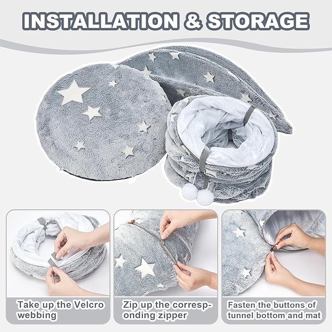 JIUPETY Cat Tunnel Bed with Soft Plush Mat, Collapsible Tube Playground, Cat Cave Bed Tunnel for Indoor Cats, Kitten, Rabbit, Ferret, Fluffy Plush Material, Includes Dangling Balls, Cave Grey A