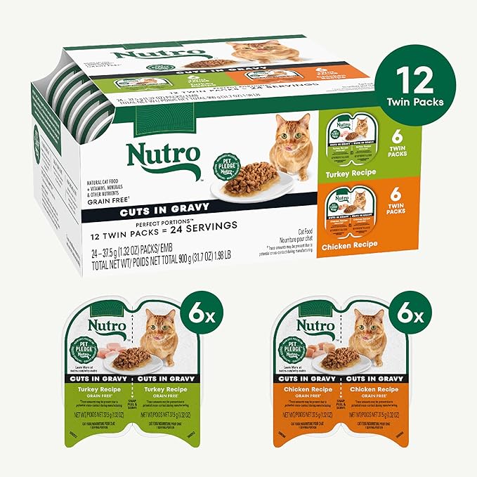 Nutro Wet Cat Food Cuts in Gravy Multipack: Turkey Recipe and Chicken Recipe, (12) 2.64 oz. Trays