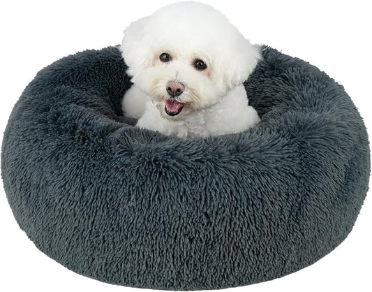 Best Pet Supplies Round Donut Dog Bed with Plush Faux Fur Fabric, Calming, Anti-Anxiety Cushion for Indoor Pets, Slip-Resistant Base, Soft Ergonomic Support - Gray, 24x24x7''