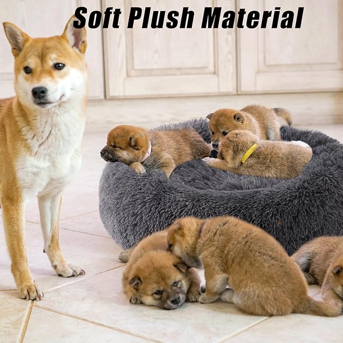 Calming Dog Bed, Dog Beds Fits up to 5 lbs Pets, Fluffy Donut Dog & Cat Bed Washable, Round Anti Anxiety Dog Bed, Small Dog Bed with Non-Slip Bottom (Dark Grey, 17" x 17")