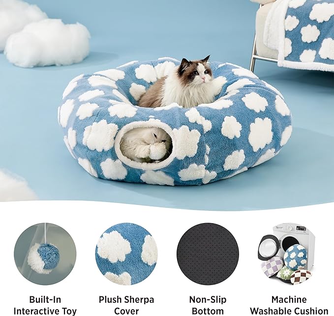 Lesure Cat Tunnel Bed for Indoor Cats - Cute Cat Donut Tunnel with Washable Circle Cushion, Round Pet Play Tunnel Toy for Kitten/Puppy/Rabbit,Blue
