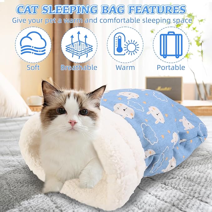 Cat Sleeping Bag for Indoor Cats, Cat Sleeping Bag for Indoor Cats Large Adult, Cat Sleeping Bag Large, Cozy Cat Winter Cat Sleeping Bag, 360° Warm Semi Enclosed Soft Plush Large Cat Sack Cute (Blue)