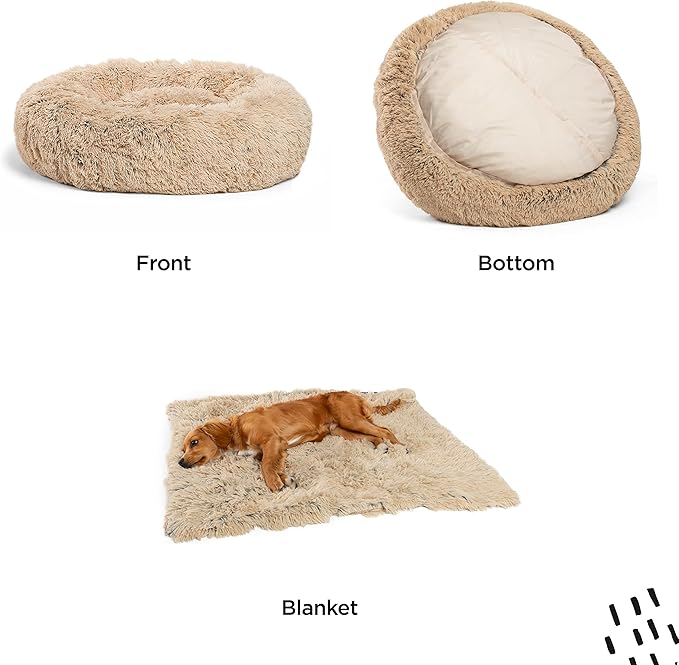 Best Friends by Sheri Bundle Set The Original Calming Shag Donut Cuddler Cat and Dog Bed + Pet Throw Blanket Taupe Extra Medium 30" x 30"