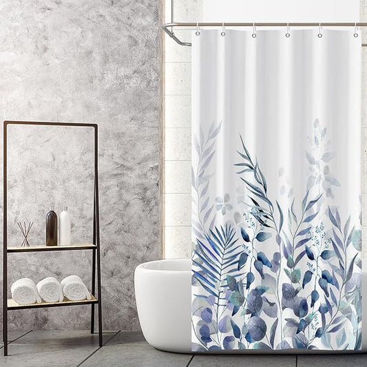 AWERT Shower Curtain Plants for Bathroom,Waterproof Quick-Drying Blue Leaves Shower Curtain Set with Hooks 48x72 Inch