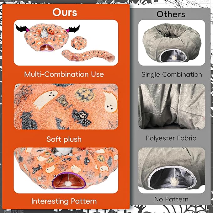 Halloween Cat Tunnel Bed, Cat Tunnels for Indoor Cats Large with Bat Wings, Foldable Cat Donut Tunnel with Soft Mat and Dangling Balls, Pumpkin Cat Play Tunnel Toy with Ghost, Spider Web Pattern