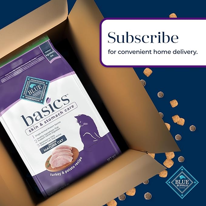 Blue Buffalo Basics Grain-Free Dry Cat Food, Skin & Stomach Care, Limited Ingredient Diet for Mature Indoor Cats, Turkey & Potato Recipe, 11-lb. Bag
