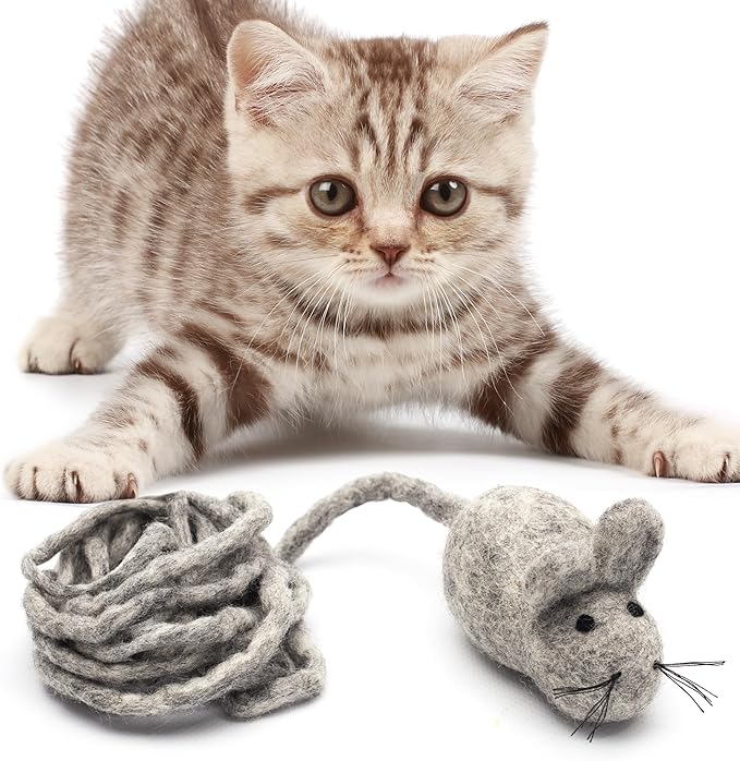 Glaciart One Felt Mouse Cat Toy – Soft Fuzzy Enrichment 100% Natural Wool Toy - Interactive Catnip Play Cat Toy Set - Safe for Pets, Non-AZO Colored Dyes - 100” Long