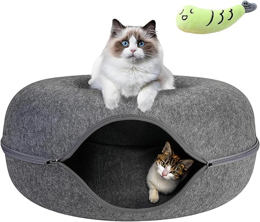 Cat Tunnel Bed - Felted Cat Bed with Fish Toy, Cat Beds for Indoor Cats, Scratch Detachable & Washable Tunnel Bed, Comfy Donut - Dark Gray
