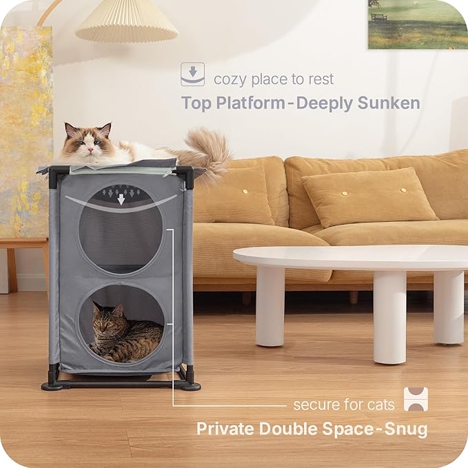 2-Level Cat House&Condo, 2-Story Cat Beds for Indoor Cats, Elevated Cat Cave for Multiple Cats, Outside Cat House, Stable and Easy to Assemble, 15.75'' x 15.75'' x 25.2''inches, Grey