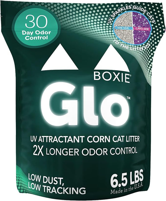 Boxie® Glo™ Natural Attractions 30 Day Odor Control Clumping Corn Cat Litter, 6.5 lb, 99.9% Dust-Free, Plant-Based, Lightweight, Strong Clumping, UV Light Attractant for Litter Box Use